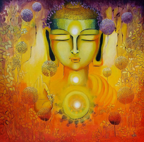 Realistic acrylic painting titled 'Glimpse Of Buddhas Enlightenment', 30x30 inches, by artist NITU CHHAJER on Canvas