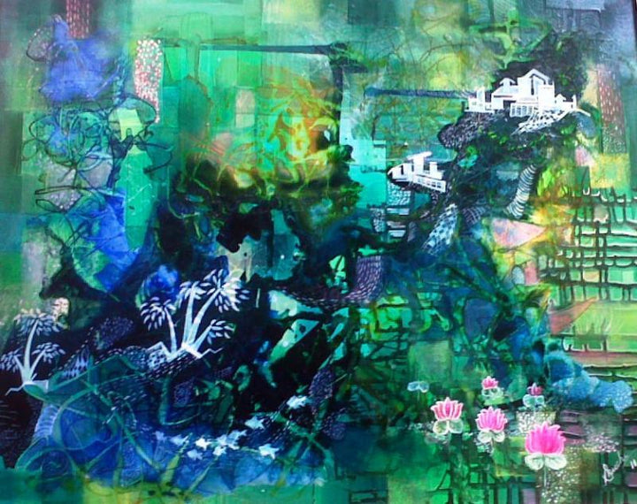 Abstract mixed media painting titled 'Glorious Greens', 24x36 inches, by artist Shuchi Khanna on Canvas