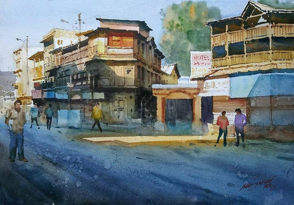 Cityscape watercolor painting titled 'Glorious Morning', 15x22 inches, by artist Abhijit Jadhav on Paper