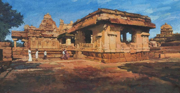 Religious acrylic painting titled 'Glorious Pattadkal', 12x18 inches, by artist Ajay Sangve on Canvas