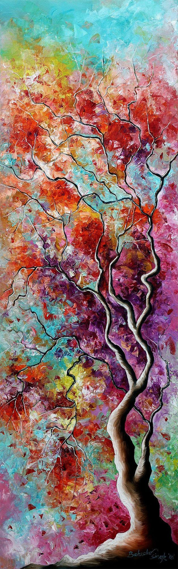 Nature oil painting titled 'Glory Of Autumn 1', 48x15 inches, by artist Bahadur Singh on Canvas