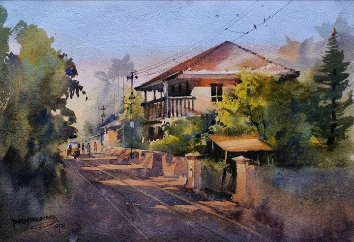 Cityscape watercolor painting titled 'Glory Of Decline', 12x17 inches, by artist Purendra Deogirkar on Paper