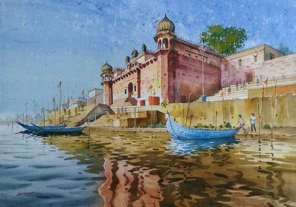 Cityscape watercolor painting titled 'Glow Of Varanasi 1', 24x30 inches, by artist Abhijit Jadhav on Paper