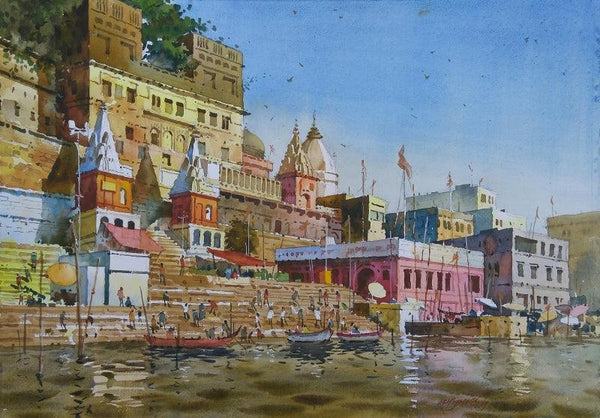 Cityscape watercolor painting titled 'Glow Of Varanasi 2', 24x30 inches, by artist Abhijit Jadhav on Paper