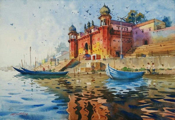 Cityscape watercolor painting titled 'Glow Of Varanasi 3', 15x22 inches, by artist Abhijit Jadhav on Paper