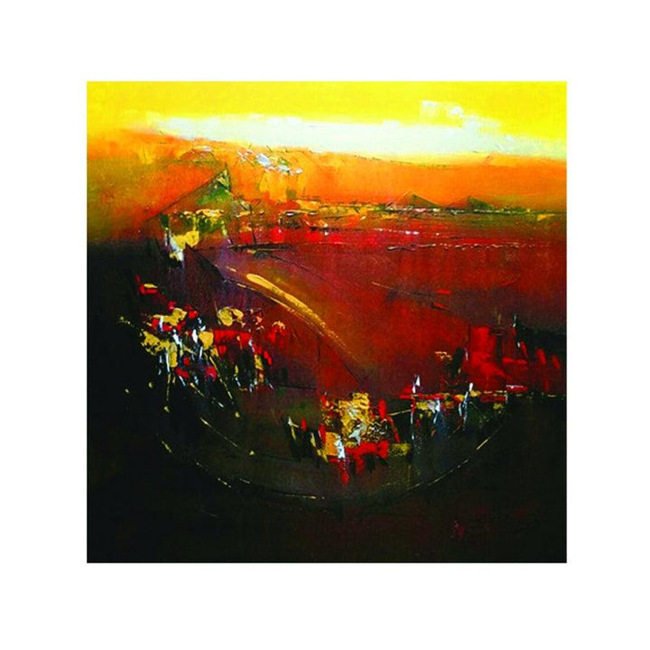 Abstract acrylic painting titled 'Glowing yellow light', 24x24 inches, by artist Dnyaneshwar Dhavale on canvas