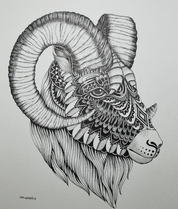 Animals pen drawing titled 'Goat 4', 15x11 inches, by artist Kushal Kumar on Paper