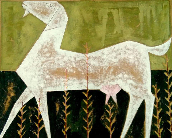 contemporary acrylic painting titled 'Goat', 25x30 inches, by artist Ranjith Raghupathy on Cardboard