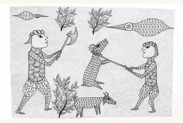 Folk Art gond traditional art titled 'Goat Sacrificing Ritual Gond Art', 10x14 inches, by artist Umaid Singh Patta on Paper