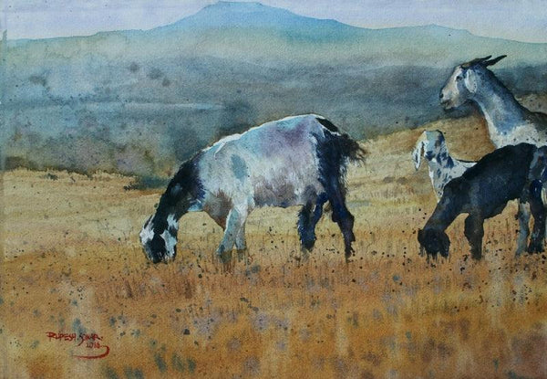 Animals watercolor painting titled 'Goats', 10x15 inches, by artist Rupesh Sonar on Paper