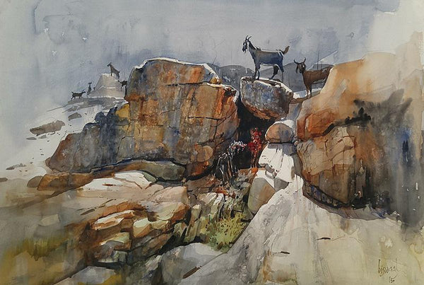 Cityscape watercolor painting titled 'Goats On The Rock', 22x28 inches, by artist Bijay Biswaal on Paper