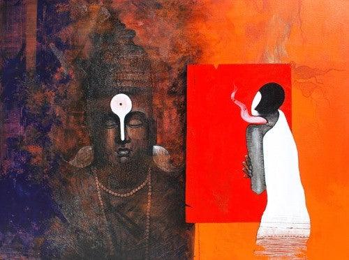 Figurative acrylic painting titled 'God and Worship', 48x36 inches, by artist Narayan Shelke on Canvas