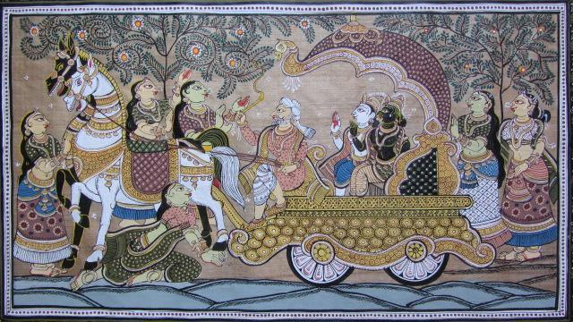 Folk Art fabric painting titled 'God Blessing Tasar Cloth Painting', 12x26 inches, by artist Pradeep Swain on Cloth