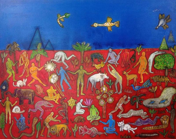 Figurative mixed media painting titled 'God Is Great', 36x48 inches, by artist Santosh Pattar on Canvas