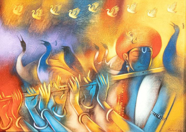 Religious acrylic painting titled 'God Playing Flutes With More Hands', 32x42 inches, by artist Balaji Ubale on Canvas