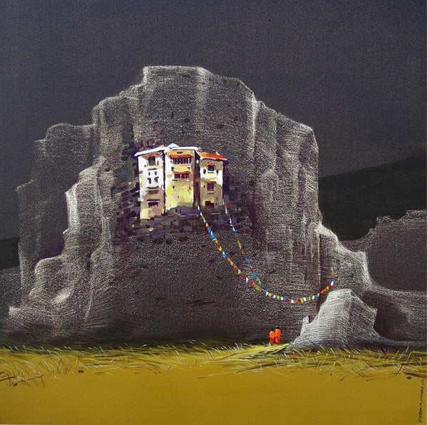 Landscape acrylic painting titled 'God Visit', 24x24 inches, by artist Yogesh Lahane on Canvas