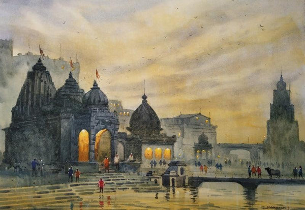 Religious watercolor painting titled 'Godavari 2', 22x30 inches, by artist Dnyaneshwar Dambale on Fabriano Paper