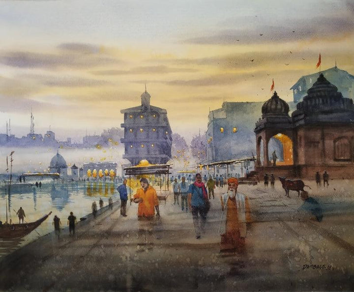 Religious watercolor painting titled 'Godavari', 22x30 inches, by artist Dnyaneshwar Dambale on Fabriano Paper