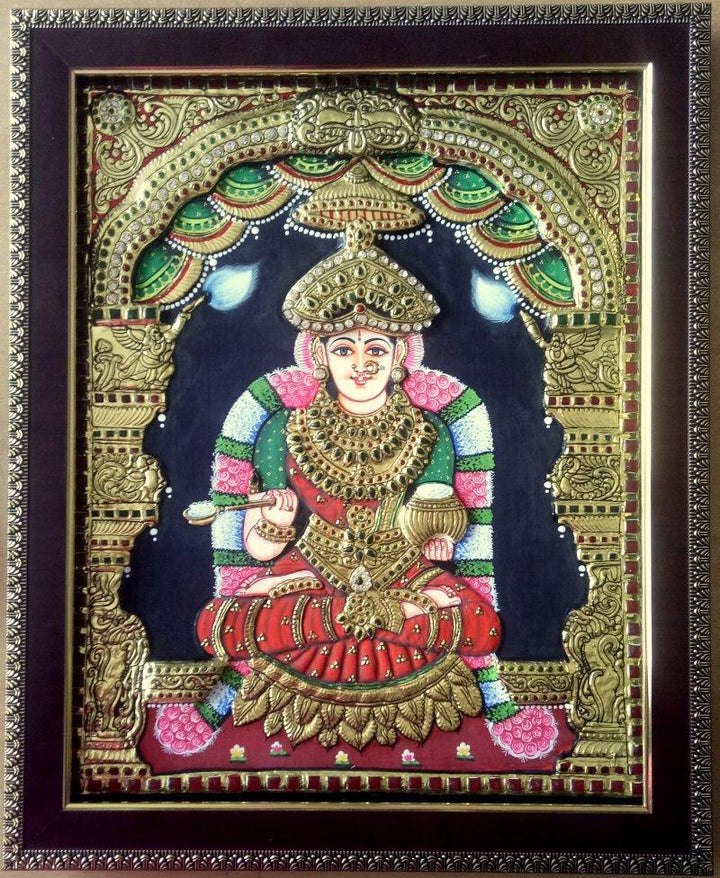 Religious tribal painting titled 'Goddess Annapurna Tanjore Painting', 18x14 inches, by artist VANI VIJAY on Wood