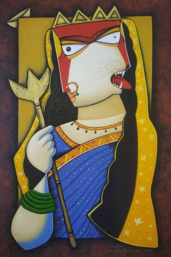 Religious acrylic painting titled 'Goddess', 30x20 inches, by artist Arvind R. Mahajan on Canvas