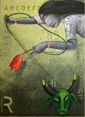 Figurative acrylic painting titled 'Goddess Durga', 12x18 inches, by artist Samir Sarkar on Paper