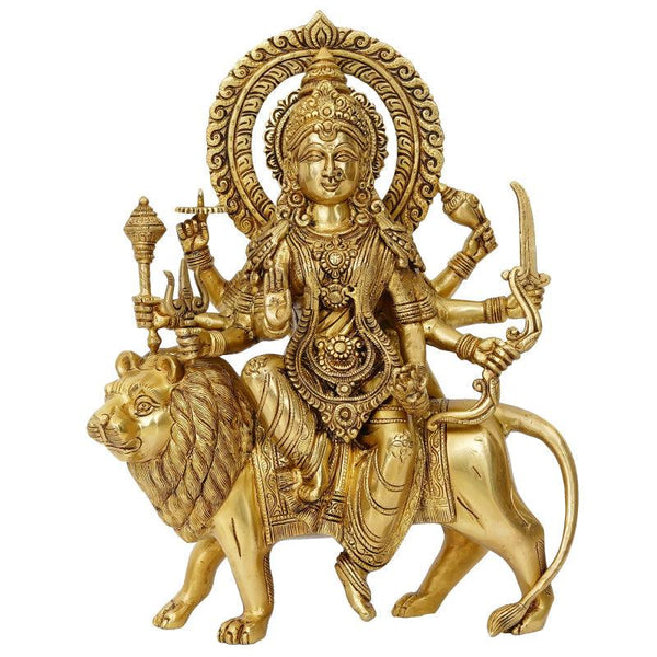 Religious handicraft titled 'Goddess Durga Maa On Lion 2', 15x11x5 inches, by artist Brass Handicrafts on Brass