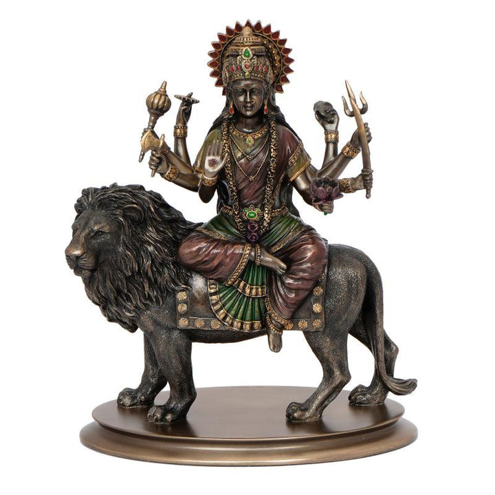 Religious handicraft titled 'Goddess Durga On Lion', 10x8x5 inches, by artist Brass Handicrafts on Polyresin, Bronze