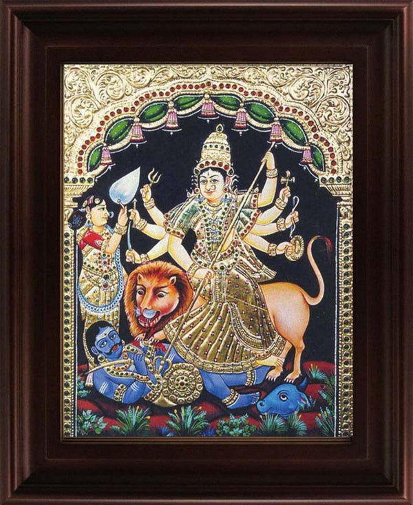 Religious tanjore traditional art titled 'Goddess Durga Tanjore Painting', 24x18 inches, by artist Myangadi Tanjore on Plywood