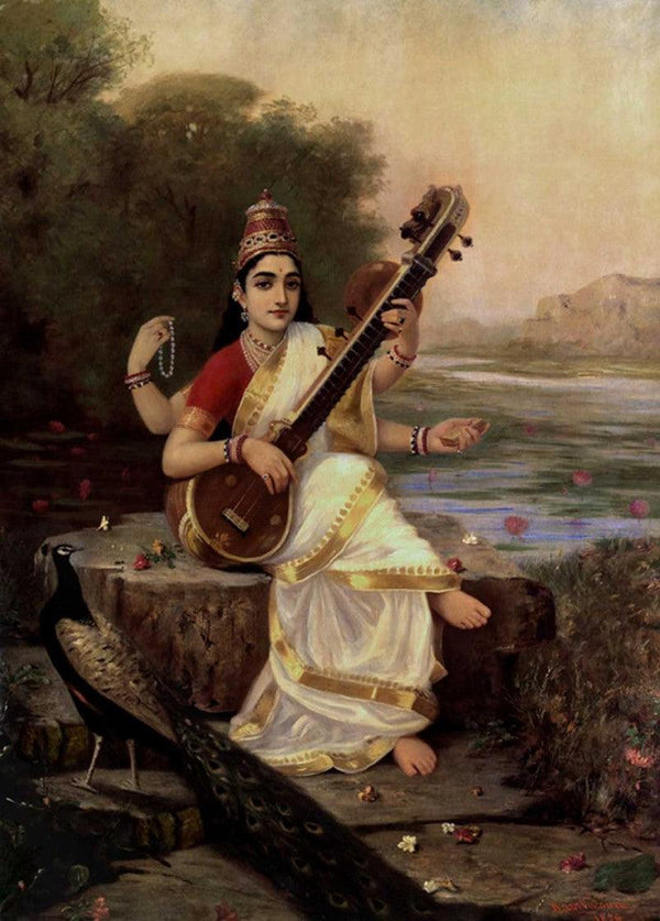 Figurative oil painting titled 'Goddess Saraswathi', 36x26 inches, by artist Raja Ravi Varma Reproduction on Canvas