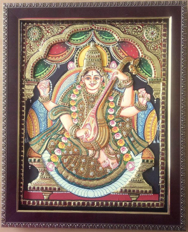 Religious tanjore traditional art titled 'Goddess Saraswati', 20x16 inches, by artist VANI VIJAY on Plywood