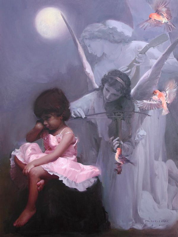 Figurative oil painting titled 'Godly Amusement', 48x36 inches, by artist Pramod Kurlekar on Canvas