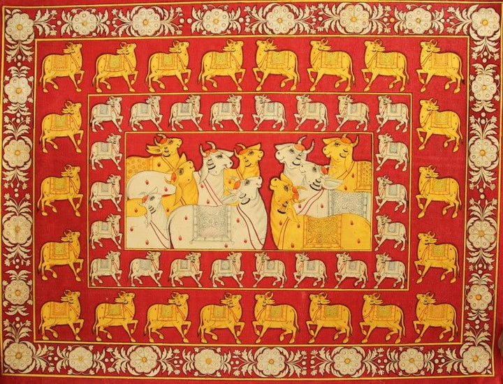 Animals pichwai traditional art titled 'Gold And Silver Adoration Of Krishna Cow', 24x42 inches, by artist Yugdeepak Soni on Cloth