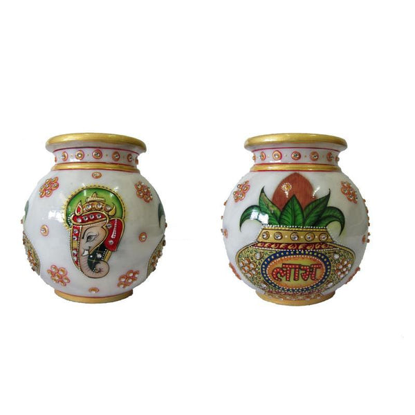 Lifestyle craft titled 'Gold Painted Marble Pot (Single P', 5x5x5 inches, by artist Ecraft India on Marble