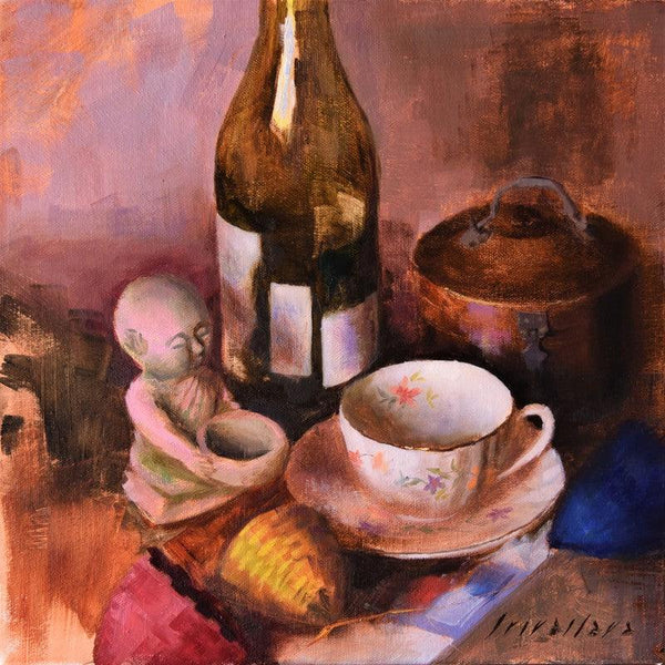 Still-life oil painting titled 'Gold Rim Tea Cup', 12x12 inches, by artist Amit Srivastava on Canvas