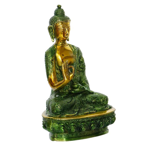 Religious handicraft titled 'Golden And Green Meditating Blessing', 8x5x4 inches, by artist Brass Handicrafts on Brass