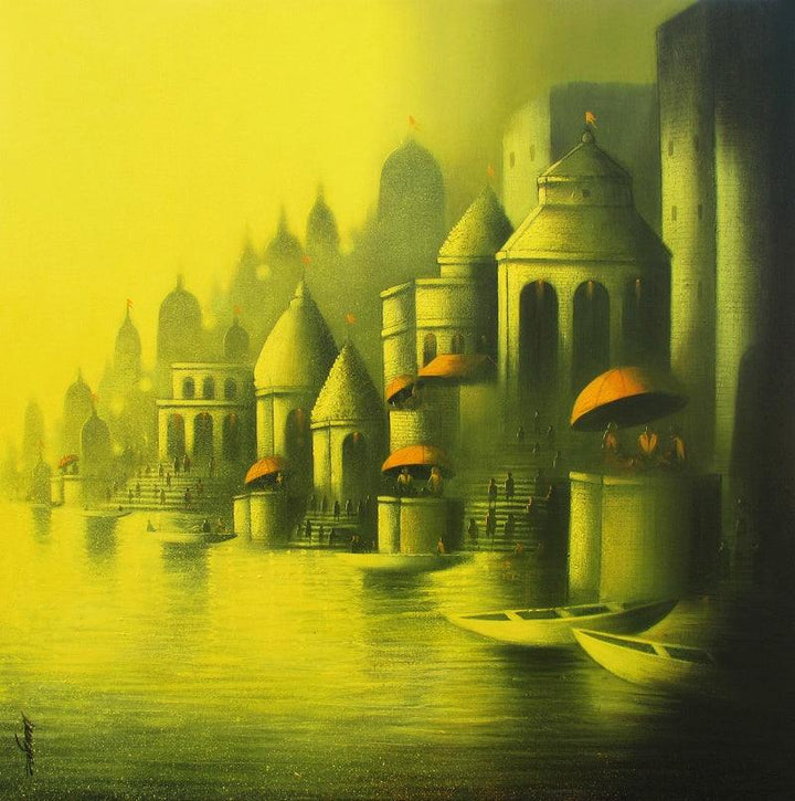 Cityscape mixed media painting titled 'Golden Banaras', 36x36 inches, by artist Somnath Bothe on Canvas