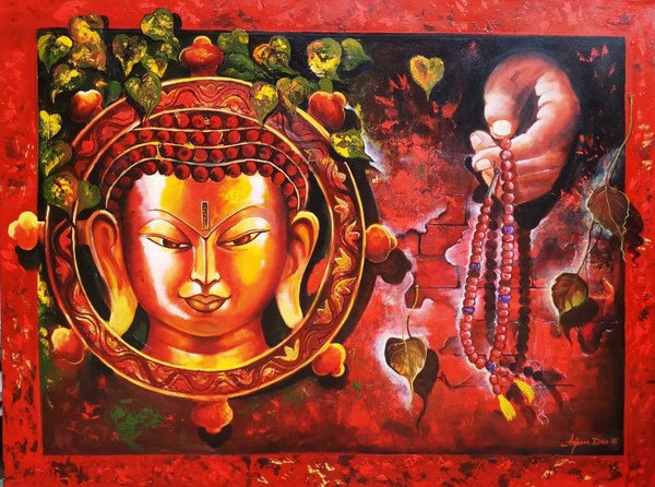 Religious acrylic painting titled 'Golden Buddha', 60x33 inches, by artist Arjun Das on Canvas