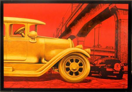 Cityscape acrylic painting titled 'GOLDEN CAR', 54x78 inches, by artist Rohit Sharma on Canvas