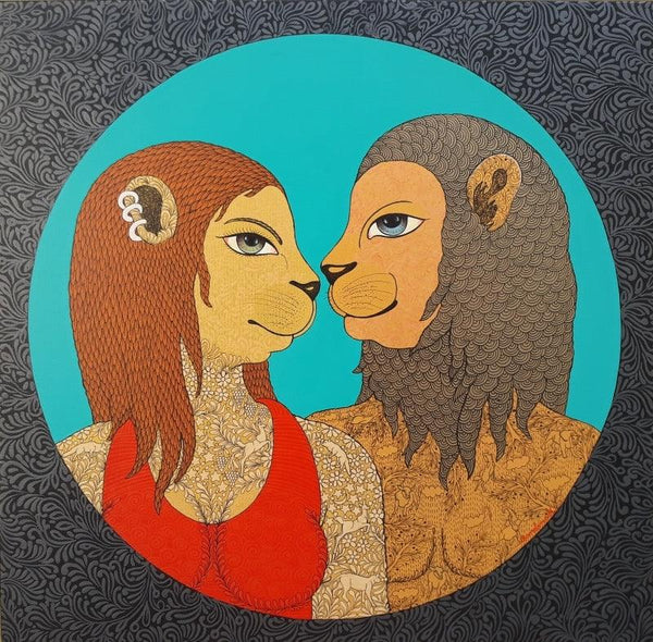 Fantasy mixed media painting titled 'Golden Couple', 24x24 inches, by artist Bandana Kumari on Canvas