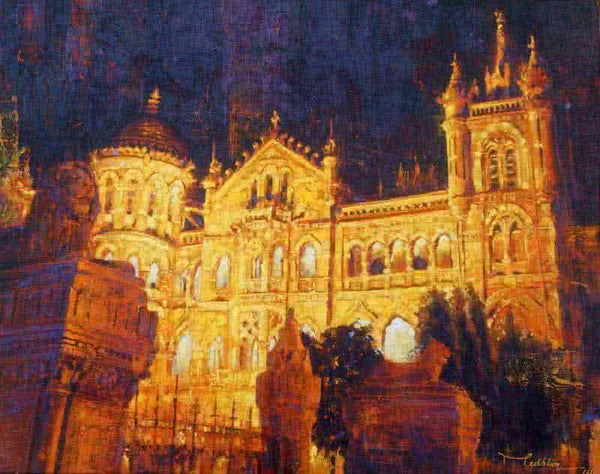 Cityscape acrylic painting titled 'Golden Cst', 20x30 inches, by artist Mukhtar Kazi on Canvas