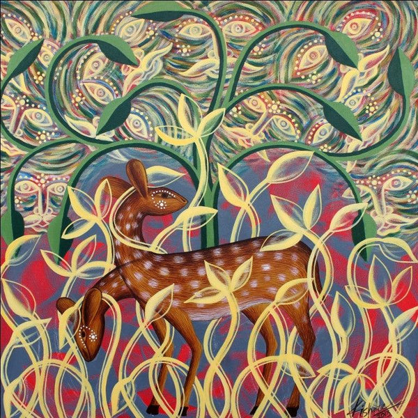 Animals acrylic painting titled 'Golden Deer', 35x35 inches, by artist Kishore Sahoo on Canvas