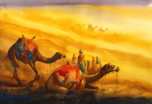 Landscape watercolor painting titled 'Golden Desert II', 30x45 inches, by artist Ananta Mandal on Paper