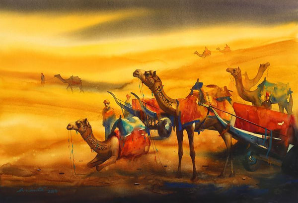 Landscape watercolor painting titled 'Golden Desert III', 30x45 inches, by artist Ananta Mandal on Paper