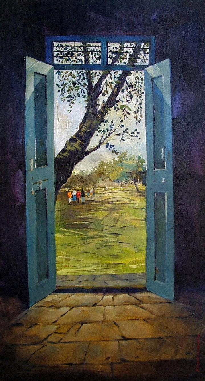 Landscape oil painting titled 'Golden Door', 12x28 inches, by artist Yogesh Lahane on Canvas