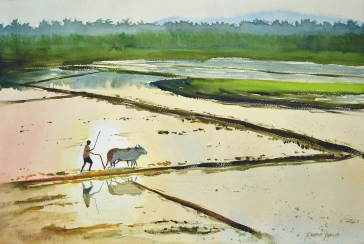 Nature watercolor painting titled 'Golden Fields', 20x15 inches, by artist Ramesh Jhawar on Paper