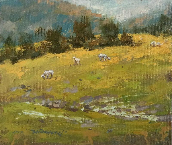 Landscape oil painting titled 'Golden Fodder', 8x9 inches, by artist Avishkar Vispute on Canvas