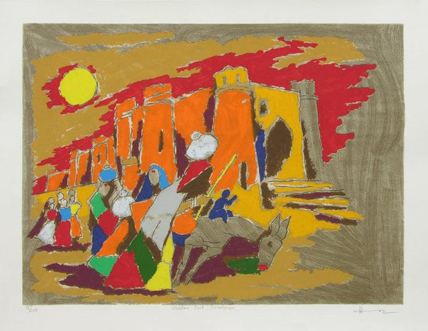 Figurative serigraphs painting titled 'Golden Fort Jaisalmer', 26x34 inches, by artist M. F. Husain on Paper