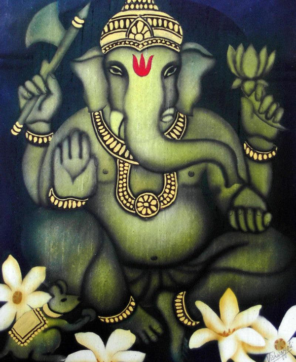 Religious airbrush painting titled 'Golden Ganesha', 30x25 inches, by artist Vishwajyoti Mohrhoff on Canvas