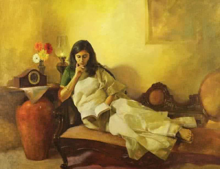 Figurative oil painting titled 'Golden glow', 32x24 inches, by artist Aditya Phadke on Canvas