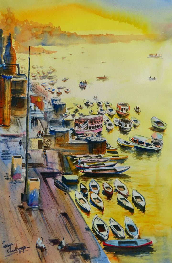 Cityscape watercolor painting titled 'Golden Glow Varanasi', 22x15 inches, by artist Lasya Upadhyaya on Paper